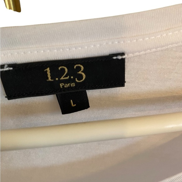 123 White Cotton T-shirt Top Embellished Zirconium Beaded Shoulders blouse - Picture 4 of 8